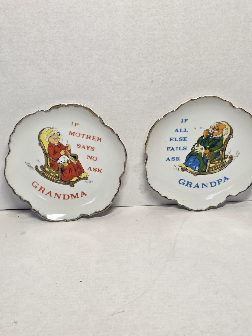 Vintage Ask Grandma -Ask Grandpa Wall Plates Korea Porcelain Gold Trim